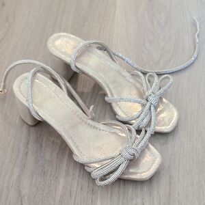 Loeffler Randall Sparkling Silver Knot Ankle-Tie Block Heel Sandals